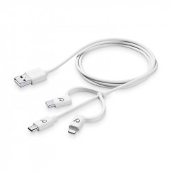 CellularLine kábel dátový s tromi adaptérmi Lightning + micro USB + USB-C, biely 120cm