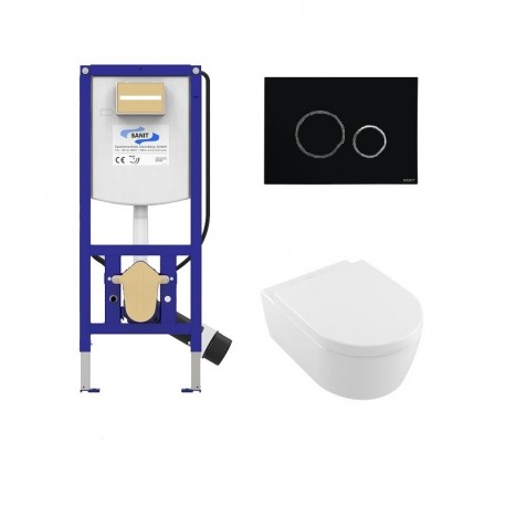 Villeroy & Boch set WC misa AVENTO s DirectFlush, sedátko SoftClose, predstenový modul WC SANIT Ineo Plus, tlačítko čierne