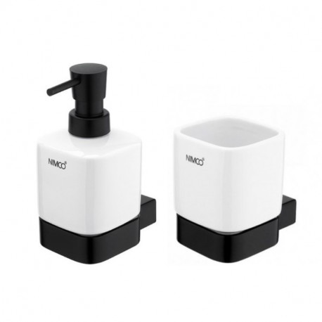 NIMCO KIBO set doplnkov - dávkovač mydla 250 ml + pohár s držiakom, čierna matná